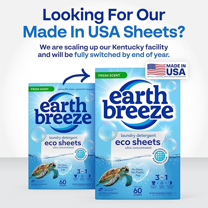 Earth Breeze Laundry Detergent Sheets Fresh Scent - 60 Loads Eco Liquidless Soap - Travel-Friendly for Hot & Cold Cycles, Tackles Tough Stains & Odors - Gentle on Skin, 30 Ct