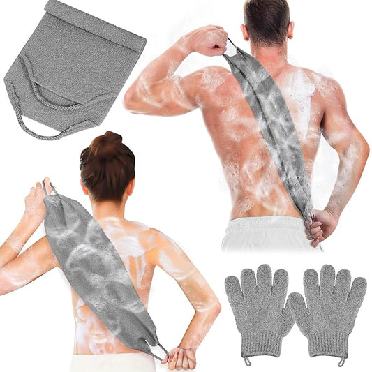 Anezus Exfoliating Back Scrubber Bath Gloves Set, Exfoliating Shower Towel with Shower Gloves for Body Scrub, Back Cleaner Wash Gloves to Remove Dead Skin (Grey)