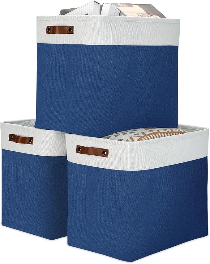 DULLEMELO 51L Large Baskets for Storage, Large Rectangular Baskets for Shelves [3 Pack], Blanket Basket Dog Toy Basket for Organizing Closet, Nursery, Clothes,Toys (White&Blue)