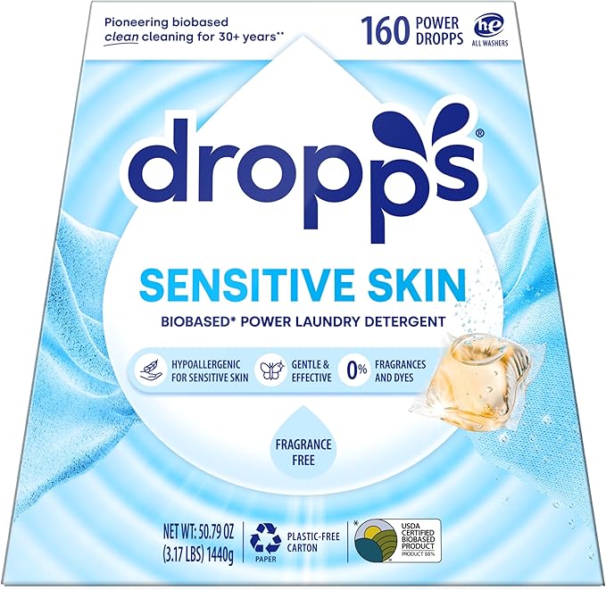 Dropps Sensitive Skin Laundry Detergent Pods, Unscented (160 Count) - Dermatologist Tested Laundry Pods - HE Compatible Laundry Supplies for Clean Clothes, Vegan & Dye-Free