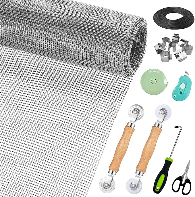 Window Screen Replacement,Screen Door Repair Kit, 48"x178" Grey Window Screen Mesh,Including 50 FT Splines+Hooks+2 Rollers+8 Clips+Scissors+Knife+Tape Measure,Fully Equipped Window Screen Repair Kit