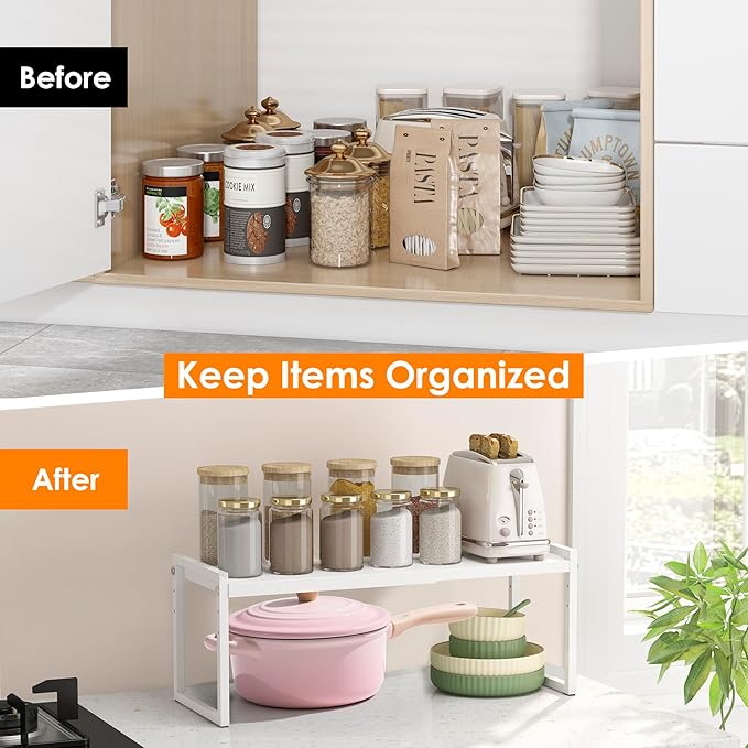 DOLALIKE Expandable Kitchen Countertop Organizer, Stackable Cabinet Shelf Organizers, Space Saving Spice Rack Pantry Storage for Bathroom Office Organization (White, 1-Tier)