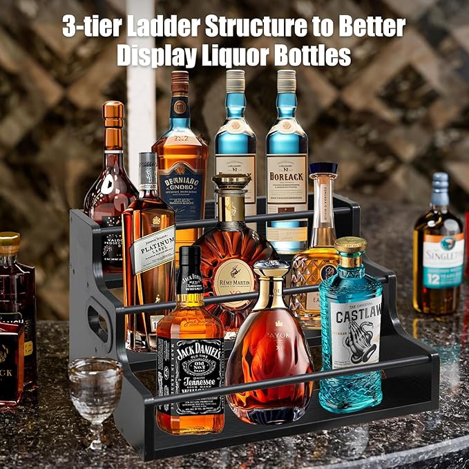 AT-VALY 3-Tier Spice Rack, Iron&MDF Kitchen Storage Shelf, Space-Saving Countertop Organizer for Spices, Herbs, Seasonings, Sturdy Stylish Condiment Holder,Countertop Wine Rack (Black Grain)