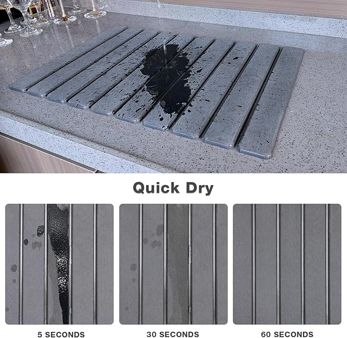 Large Diatomite Kitchen Counter Drying Mat – 24”x16”, Aesthetic Stone Mat for Dishes, Roll-Up Space-Saving & Quick-Drying Stone Rack, Dark Grey