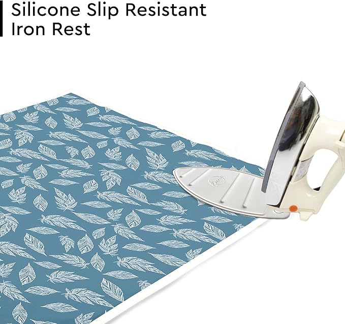 Encasa XO Ironing Mat/Pad (Large 48"x28") with 3mm Padding & Silicone Iron Rest for Steam Pressing on Tabletop or Bed - Heat Resistant, Portable, Quilting & Travel Blanket - Big Leaves Blue