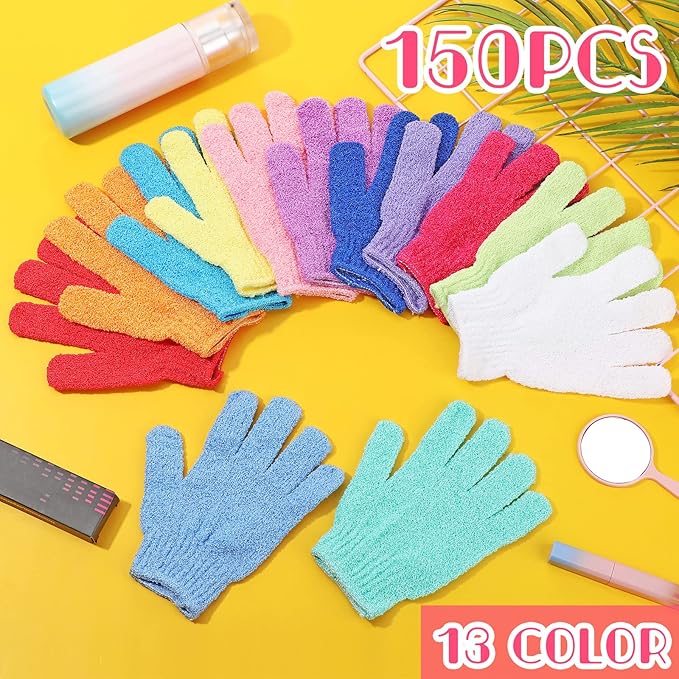 150 Pcs Exfoliating Gloves Bulk for Body Double Sided Exfoliating Shower Gloves for Women Nylon Colorful Bath Gloves Exfoliating Body Scrubber Mitt for Beauty Spa Massage Shower Body Scrubber