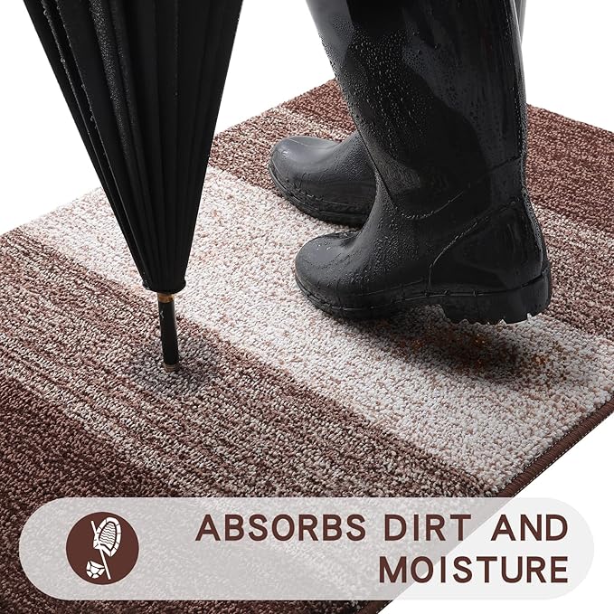 Kitinjoy Indoor Outdoor Door Mat, 48x30 Non-Slip Absorbent Dirt Trapper, Low-Profile Washable Inside Entrance Front Floor Mat, Sturdy Soft Entry Doormats for Entryway, Brown