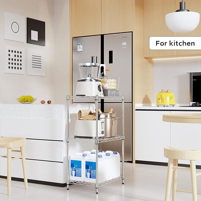 3 Tiers Shelf Metal Storage Shelves Wire Rack Closet Organizers with Wheel for Garage Kitchen Bathroom Laundry Chrome 11.8" D x 17.7" W x 28.8" H
