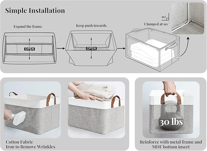 StorageWorks 45L Large Storage Bins for Closet and Shelves, Fabric Organizer Baskets with Metal Frame for Clothes, Towels, Collapsible Storage Basket, Gray and White, 2-Pack