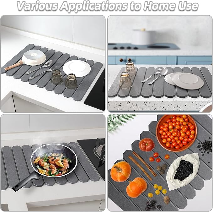 Large Stone Drying Mat for Kitchen Counter - 24"x16" Quick Dry Dish Drying Mat for Cups Dishes Bottles - Absorbent Non-Slip Diatomaceous Earth Mats (Dark Grey)