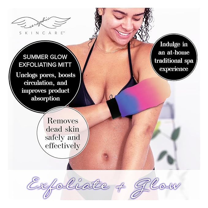 Seraphic Skincare (Summer Glow) Premium Exfoliating Mitt for Body 1pc– 100% Vegan Viscose Traditional Body Scrub Glove Kessa Korean Washcloth – Body Exfoliator for Self-Tan Removal & Keratosis Pilaris