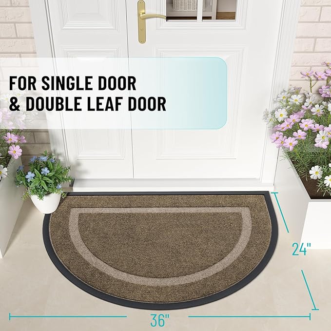 OLANLY Half Circle Door Mat Indoor Outdoor Entrance Welcome, Waterproof All-Season, All-Weather Doormat, Sturdy Natural Rubber, Low Profile, Easy Clean Patio Porch Entryway Mat, 36x24, Brown