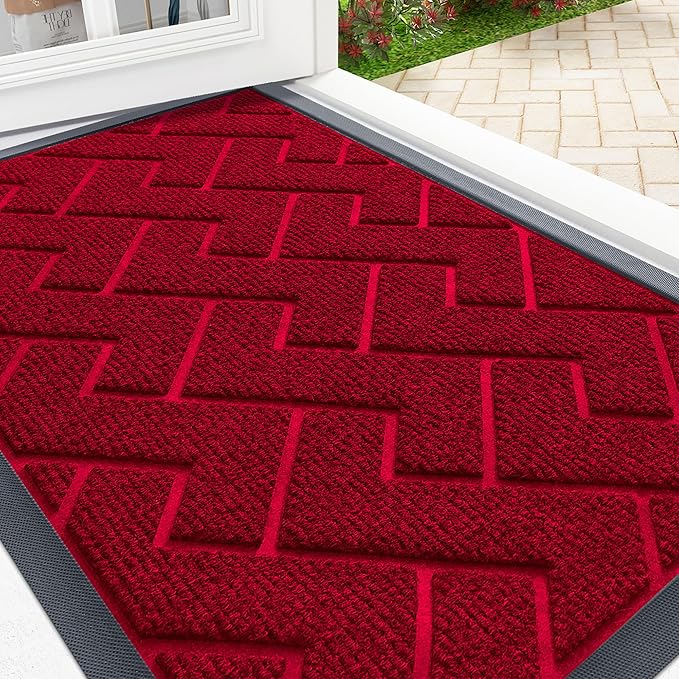 OLANLY Front Door Mat Indoor Outdoor Entrance, Waterproof All-Season, All-Weather Doormat, Sturdy Natural Rubber, Low Profile, Easy Clean Patio Porch Entryway Mat, Herringbone Brick (Wine Red, 47x32)