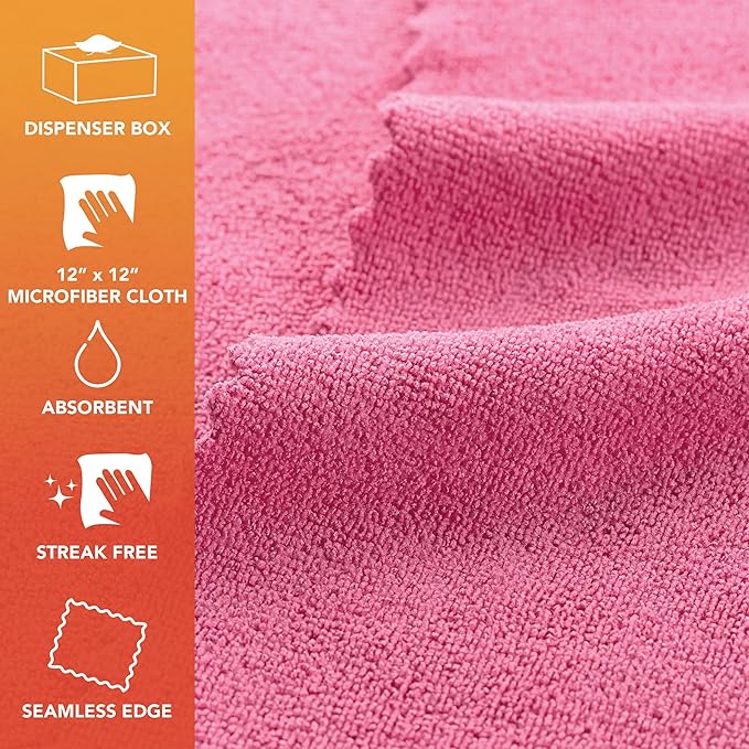 Arkwright Smart Rags in Box - (Pack of 50) Lint Free Microfiber Cleaning Cloth, Scratch & Streak-Free, Dispensable Wash Towels for Cars, Window Glass, and Auto Shop, 12 x 12 in, Pink