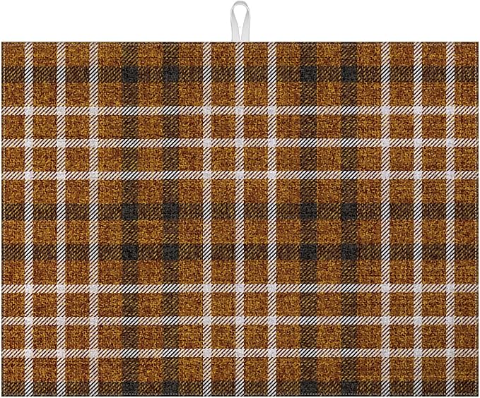 Brown Plaid Dish Drying Mat for Kitchen Counter Microfiber Absorbent Dish Kitchen Drying Mat Draining Reusable Washable for Dishes/Utensils/Counterto