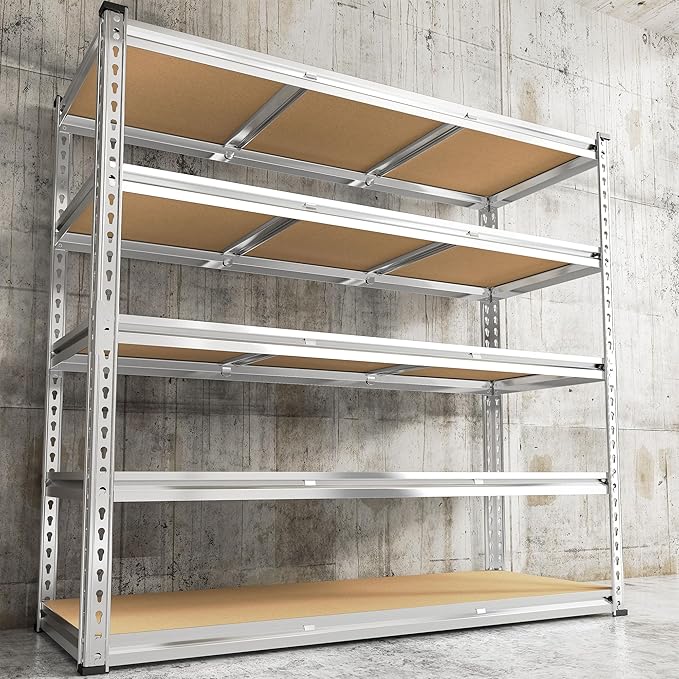 REIBII Garage Shelving, 5 Tier Storage Shelves Load 3000LBS, Adjustable Garage Shelving Heavy Duty, Metal Shelves Unit for Basement, Warehouse, 48" W x 72" H x 18" D, Galvanized