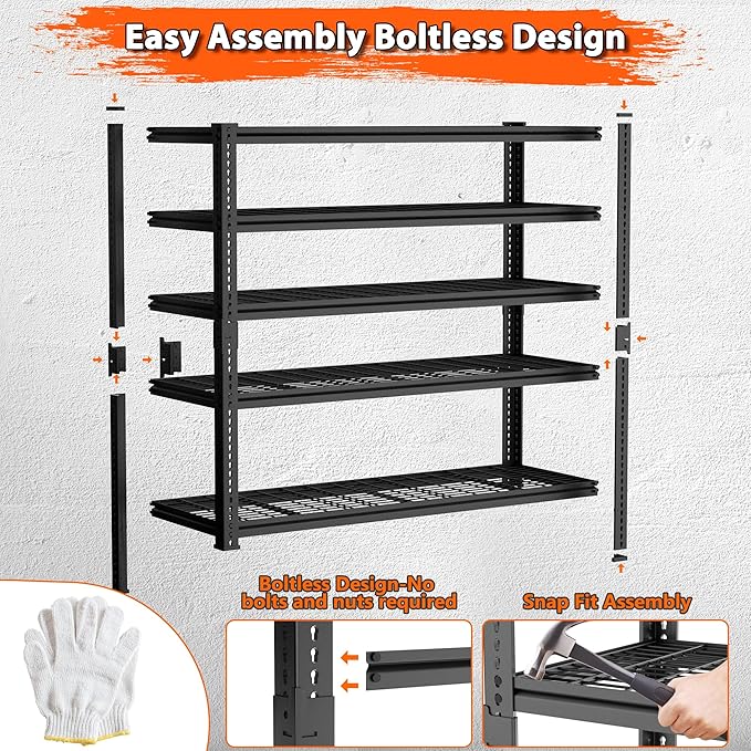 ROOMTEC Garage Shelving, 4 PCS 3300 LBS Capacity Sorage Shelves Heavy Duty, 5 Tier Adjustable Metal Organizer Wire Rack, 60" L x 24" W x 78" H Utility Shelf Unit for Kitchen Pantry