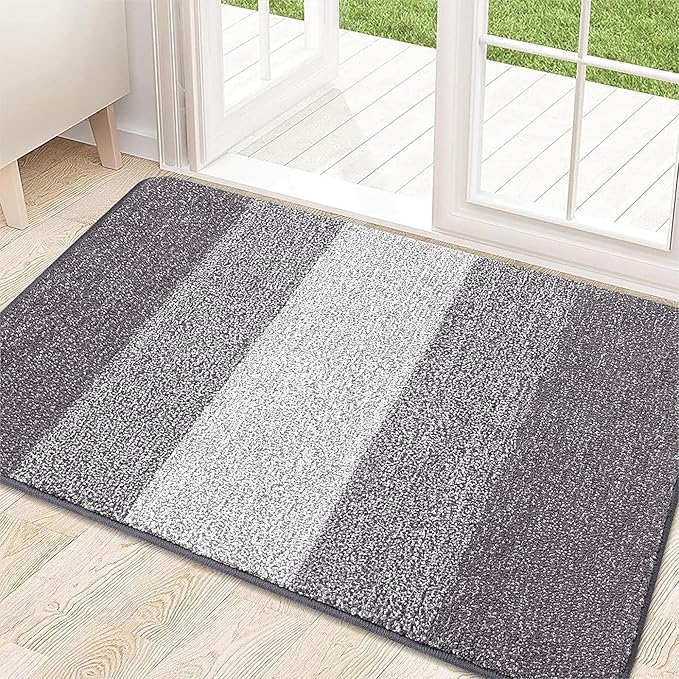 Kitinjoy Indoor Outdoor Door Mat, 32x20 Non-Slip Absorbent Dirt Trapper, Low-Profile Washable Inside Entrance Front Floor Mat, Sturdy Soft Entry Doormats for Entryway, Light Grey