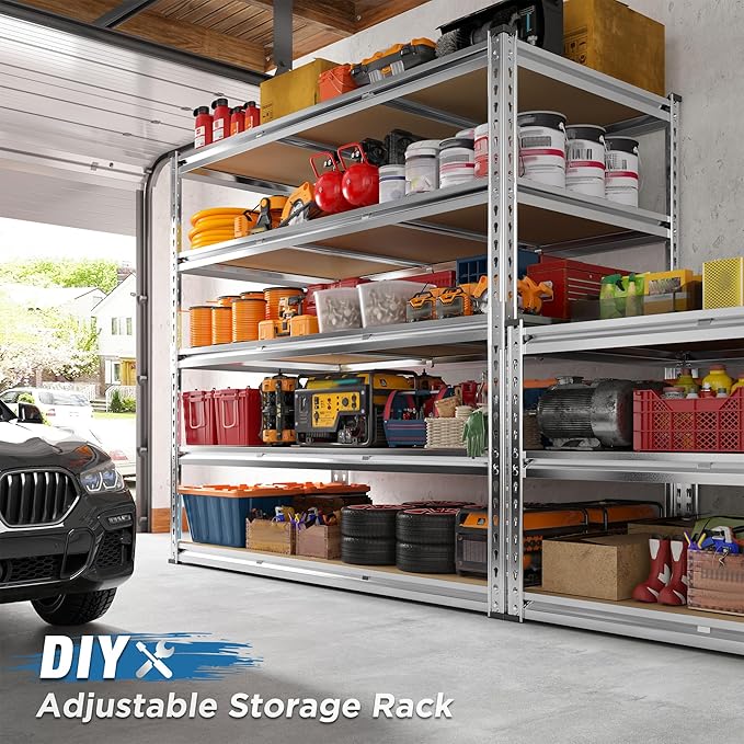 REIBII Garage Shelving, 5 Tier Storage Shelves Load 3020LBS, Adjustable Garage Shelving Heavy Duty, Metal Shelves Unit for Basement, Warehouse, 48" W x 72" H x 24" D, Galvanized