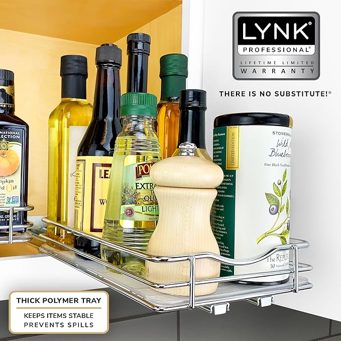 LYNK PROFESSIONAL® Pull Out Spice Rack Organizer for Inside Kitchen Cabinets - 6-1/4 inch Wide - Slide Out Drawer – Chrome Sliding Spice Cabinet Organization Shelf Racks - 1 Tier