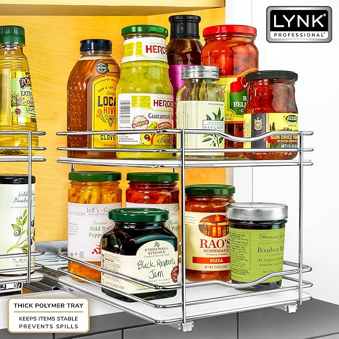 LYNK PROFESSIONAL® Pull Out Spice Rack Organizer for Inside Kitchen Cabinets - 8-1/4 inch Wide - Slide Out Drawer – Chrome Sliding Spice Cabinet Organization Shelf Racks - 2 Tier