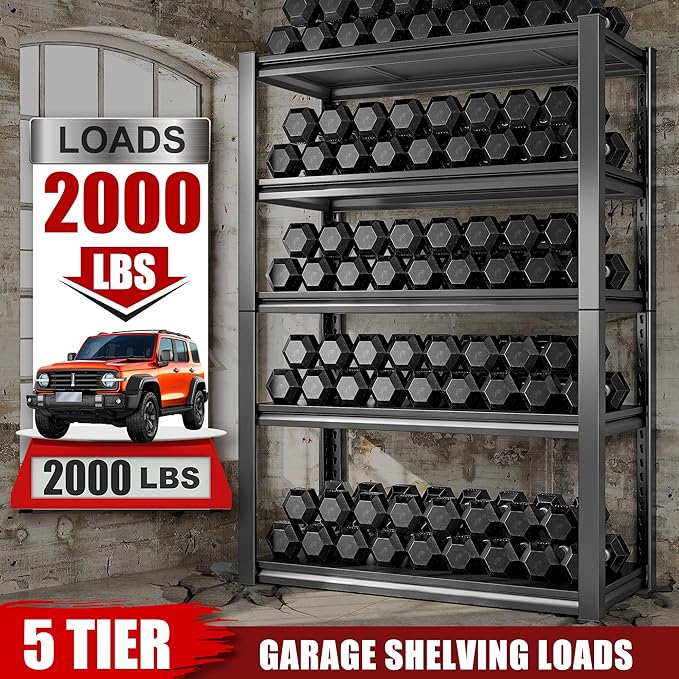 Raybee Storage Shelves 2000LBS Garage Shelving Heavy Duty, 5-Tier Adjustable Garage Shelves, Metal Shelving for Garage, Basement, Warehouse, Pantry, 72" H x 31.5" W x 16.5" D, Black