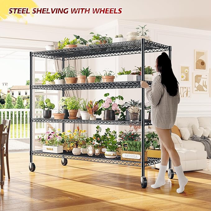 REIBII 55.5''W Storage Shelves 2500LBS Wire Shelving Rack with Wheels 75.6" H Heavy Duty Shelving Unit Adjustable Metal Shelves for Storage Rack Shelving for Kitchen Pantry 2PCS