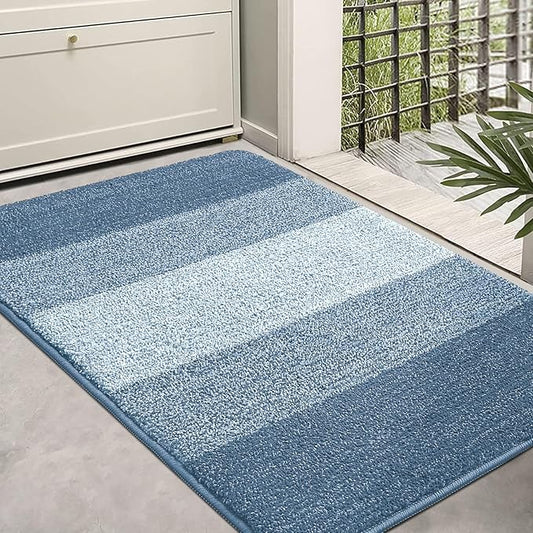 Kitinjoy Indoor Outdoor Door Mat, 36x24 Non-Slip Absorbent Dirt Trapper, Low-Profile Washable Inside Entrance Front Floor Mat, Sturdy Soft Entry Doormats for Entryway, Light Blue