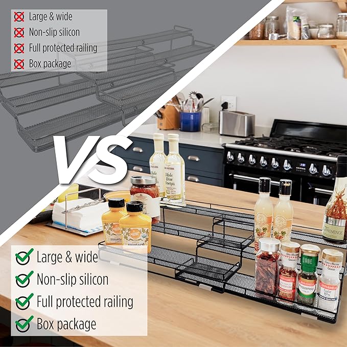3 Tier Wide Expandable Cabinet Spice Rack Organizer (14.5" to 29.1") - Step Shelf with Protection Railing, Black