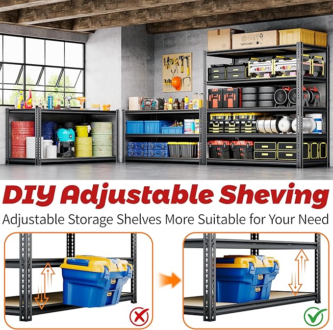 48"W Garage Shelving, 3050LBS Storage Shelves heavy duty, 5 Tier Metal Shelving Unit Adjustable Garage Shelves Heavy Duty Shelving for Warehouse,Commercial, Kitchen, 48" W × 24" D × 72" H, Black，2PCS