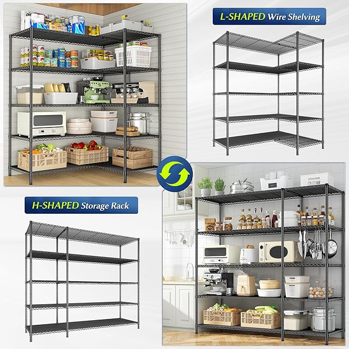 52.36" W Storage Shelves Metal Shelving Unit Load 1400LBS 5 Tier Wire Rack for Storage Adjustable Garage Shelving Heavy Duty Shelves for Pantry Kitchen Garage, 52.36W x13.78Dx70.8H
