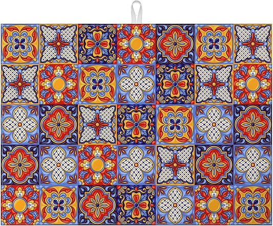Talavera Mexican Tiles Dish Drying Mat for Kitchen Counter Microfiber Absorbent Dish Kitchen Drying Mat Draining Reusable Washable for Dishes/Utensils/Counterto