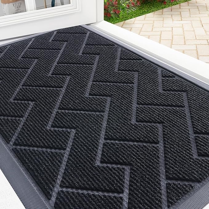 OLANLY Front Door Mat Indoor Outdoor Entrance, Waterproof All-Season, All-Weather Doormat, Sturdy Natural Rubber, Low Profile, Easy Clean Patio Porch Entryway Mat, Herringbone Brick (Black, 71x47)