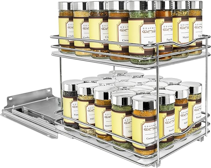 LYNK PROFESSIONAL® Pull Out Spice Rack Organizer for Inside Kitchen Cabinets - 8-1/4 inch Wide - Slide Out Drawer – Chrome Sliding Spice Cabinet Organization Shelf Racks - 2 Tier