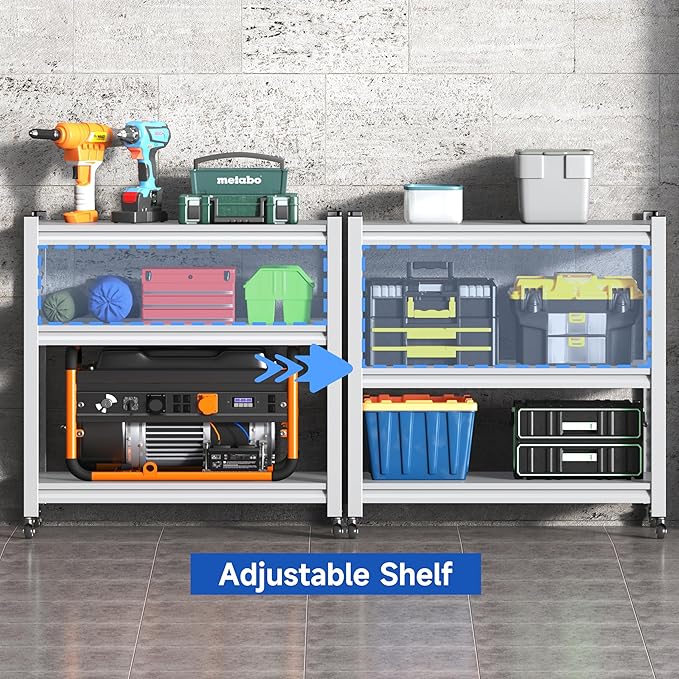 34''W Garage Heavy Duty 3-Tier Adjustable Storage Rack, Steel Shelving with Wheels,Pantry,Kitchen, Office, Closet and Garage Shelves, Easy to Assemble- White