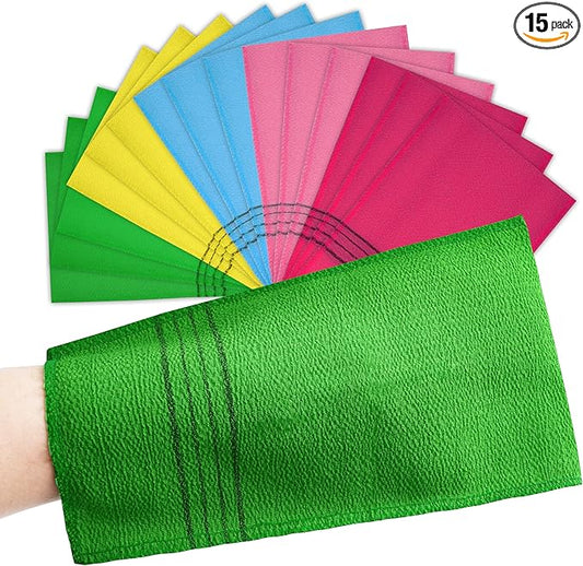 15 Pcs Korean Exfoliating Mitt, 9*5.5 in Gentle Exfoliating Korean Scrub Mitt, Large Korean Washcloth Exfoliating, Colorful Korean Body Scrubber for Cleaning Skin, Reducing Dirt and Grease (5 Colors)