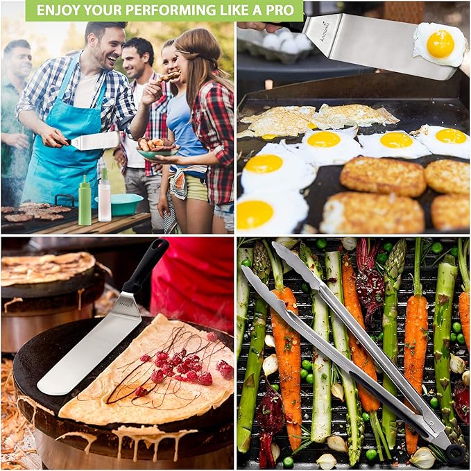 Metal Spatula Set Stainless Steel and Scraper - Professional Chef Griddle Spatulas Set of 6 - Heavy Duty Accessories Great for Cast Iron BBQ Flat Top Grill Skillet Pan