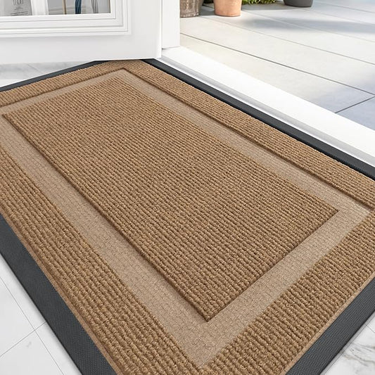 OLANLY Front Door Mat Indoor Outdoor Entrance, Waterproof All-Season, All-Weather Doormat, Sturdy Natural Rubber, Fade Resistant, Low Profile, Easy Clean Patio Porch Entryway Mat, 59x23, Light Borwn
