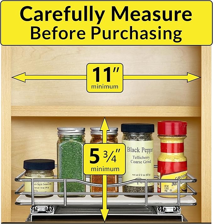 LYNK PROFESSIONAL® Pull Out Spice Rack Organizer for Inside Kitchen Cabinets - 10-1/4 inch Wide - Slide Out Drawer – Chrome Sliding Spice Cabinet Organization Shelf Racks - 1 Tier