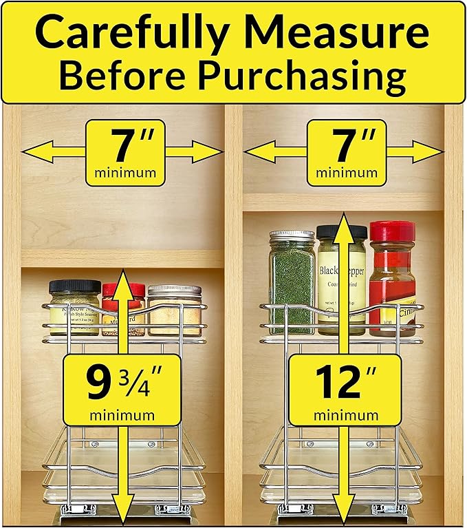 LYNK PROFESSIONAL® Pull Out Spice Rack Organizer for Inside Kitchen Cabinets - 6-1/4 inch Wide - Slide Out Drawer – Chrome Sliding Spice Cabinet Organization Shelf Racks - 2 Tier