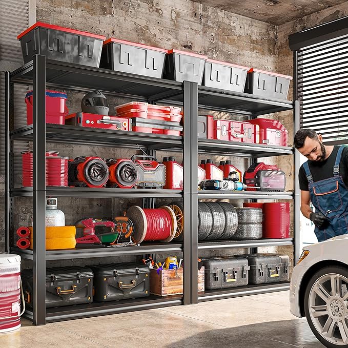 Raybee Storage Shelves 2000LBS Garage Shelving Heavy Duty, 5-Tier Adjustable Garage Shelves, Metal Shelving for Garage, Basement, Warehouse, Pantry, 72" H x 31.5" W x 16.5" D, 2PC, Black