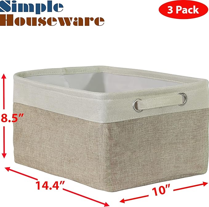 SIMPLE HOUSEWARE Large Fabric Storage Bin, 14.4" x 10" with Handles, 3-Pack, Foldable Organizer for Closet and Shelf, Beige