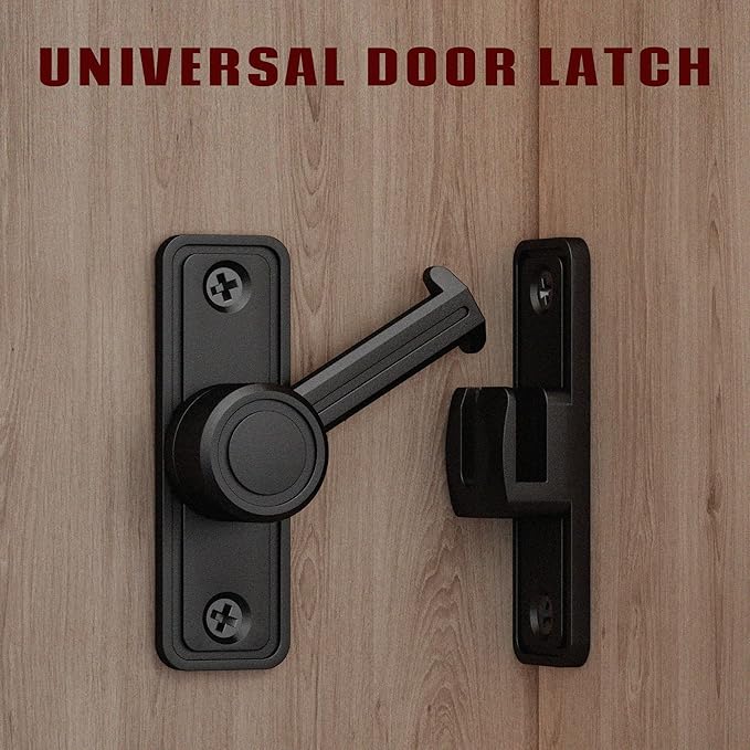 Barn Door Privacy Latch, 90°/180° Swing Slide Lock, Zinc-Alloy, Adhesive or Screw Mount, Interior Use for Bathroom/Bedroom/Closet/Shed, Includes Screws & Glue - Black