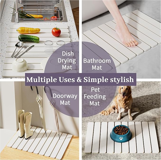 Large Stone Dish Drying Mats for Kitchen Counter – Foldable Quick Dry Stone Mat with Non-Slip Pad & Sandpaper, Super Absorbent Diatomaceous Earth Mat for Dishes and Cups(White 23.5"x15.5")