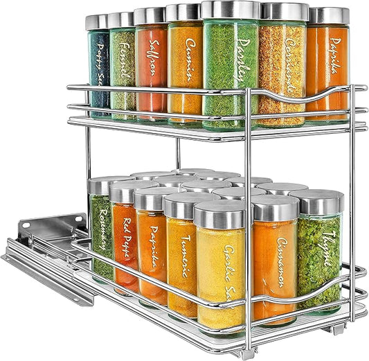 LYNK PROFESSIONAL® Pull Out Spice Rack Organizer for Inside Kitchen Cabinets - 6-1/4 inch Wide - Slide Out Drawer – Chrome Sliding Spice Cabinet Organization Shelf Racks - 2 Tier