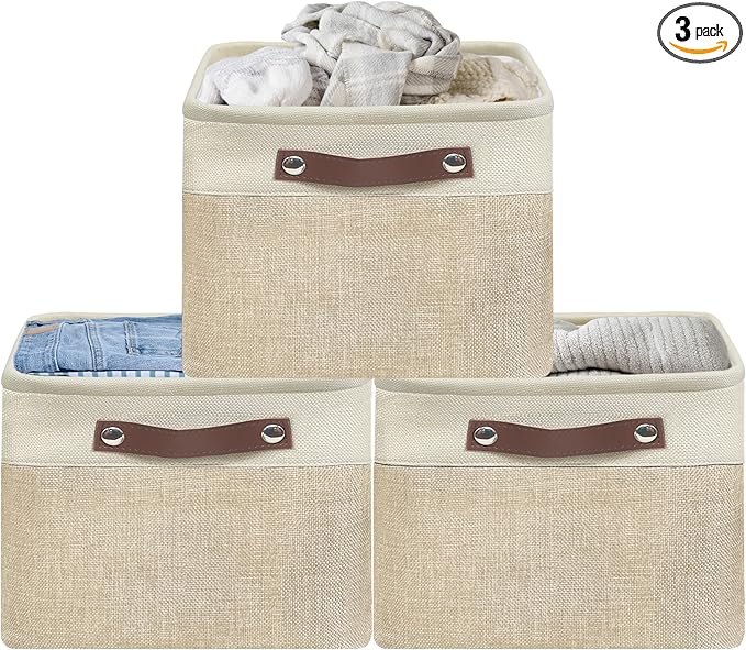 SIMPLE HOUSEWARE Large Fabric Storage Bin, 15" x 11" with Leather Like Handles, 3 Pack, Beige