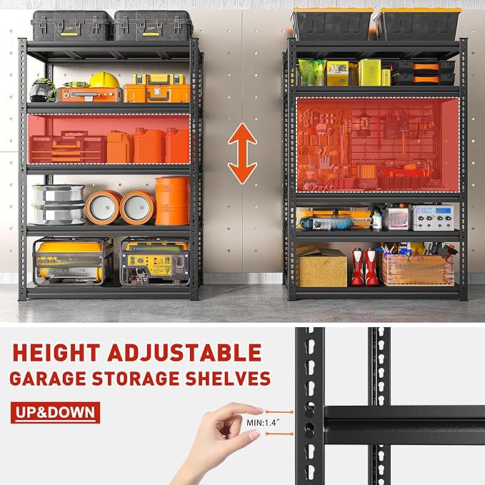 REIBII 72" H Garage Shelving Load 2500 LBS, Heavy Duty Storage Shelves, 5-Tier Adjustable Garage Shelves for Warehouse, Basement, 72" H x36 W x18 D, Black, 3 Pack