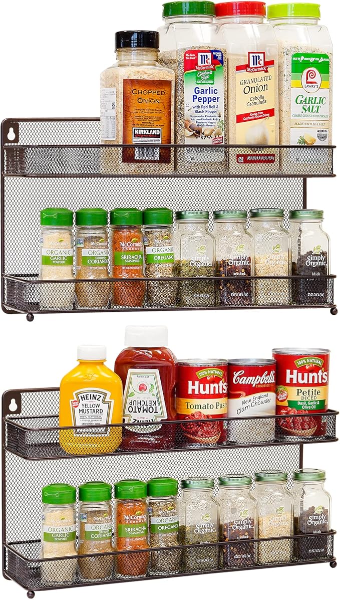 CAXXA 2 PK 2 Tier Mesh Kitchen Counter-top or Wall Mount Spice Rack Jars Storage Organizer, Bronze