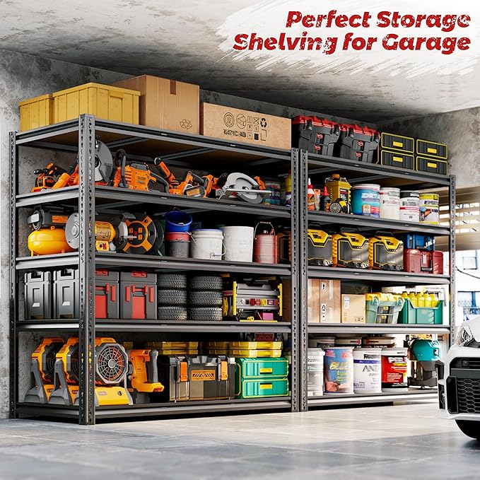 48"W Garage Shelving, 3050LBS Storage Shelves heavy duty, 5 Tier Metal Shelving Unit Adjustable Garage Shelves Heavy Duty Shelving for Warehouse,Commercial, Kitchen, 48" W × 24" D × 72" H, Black，2PCS