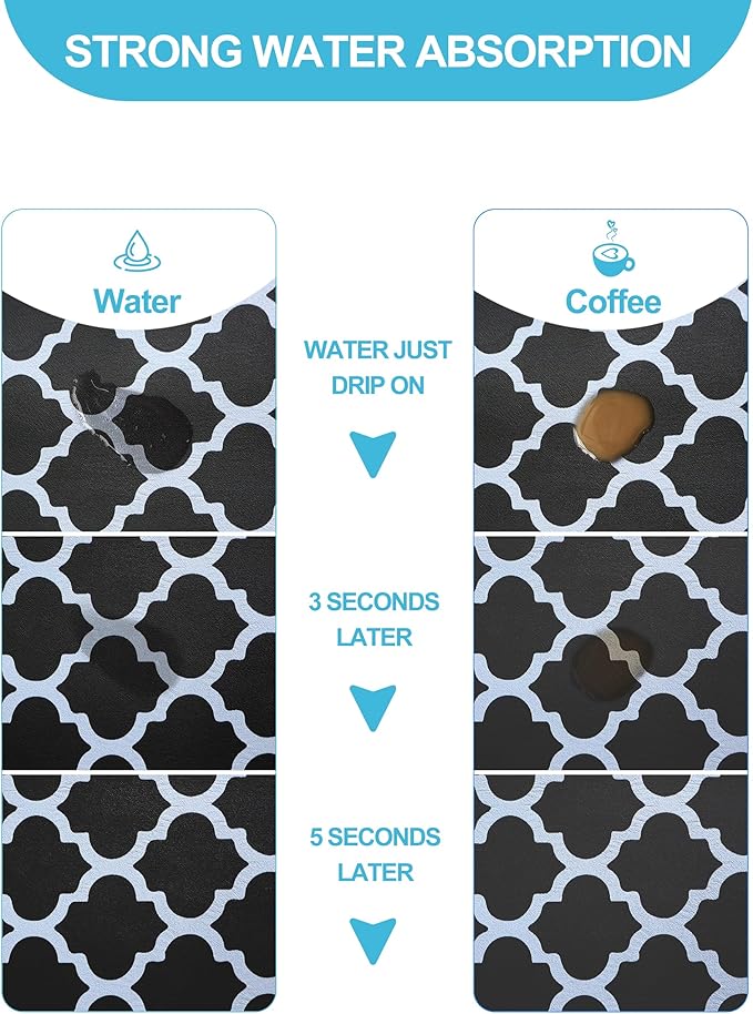 Dish Drying Mat for Kitchen Counter, 12"x19" Dish Drying Pad with Non-slip Rubber Backed, Hide Stain Anti Absorbent for Kitchen Counter, Drying Mat for Coffee Machine Dish Rack (Black Trellis)